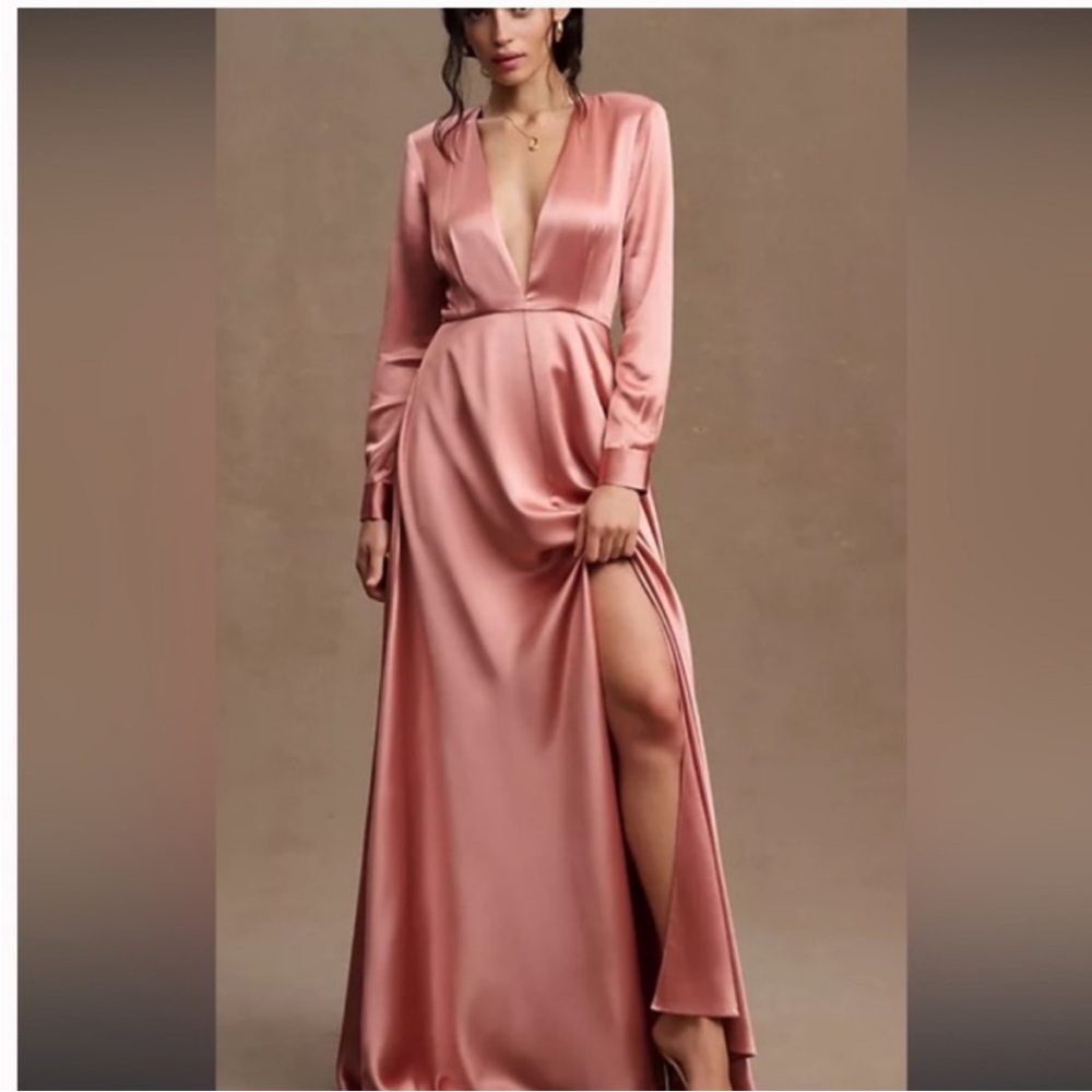 Ronny Kobo Nann Satin V-Neck Long-Sleeve Gown